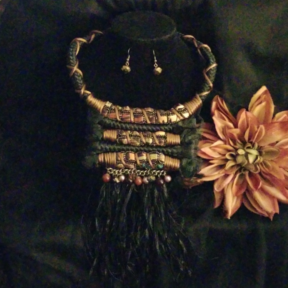 Panther Fringe Bib Statement Necklace Set Intricately Designed Beaded Fringe